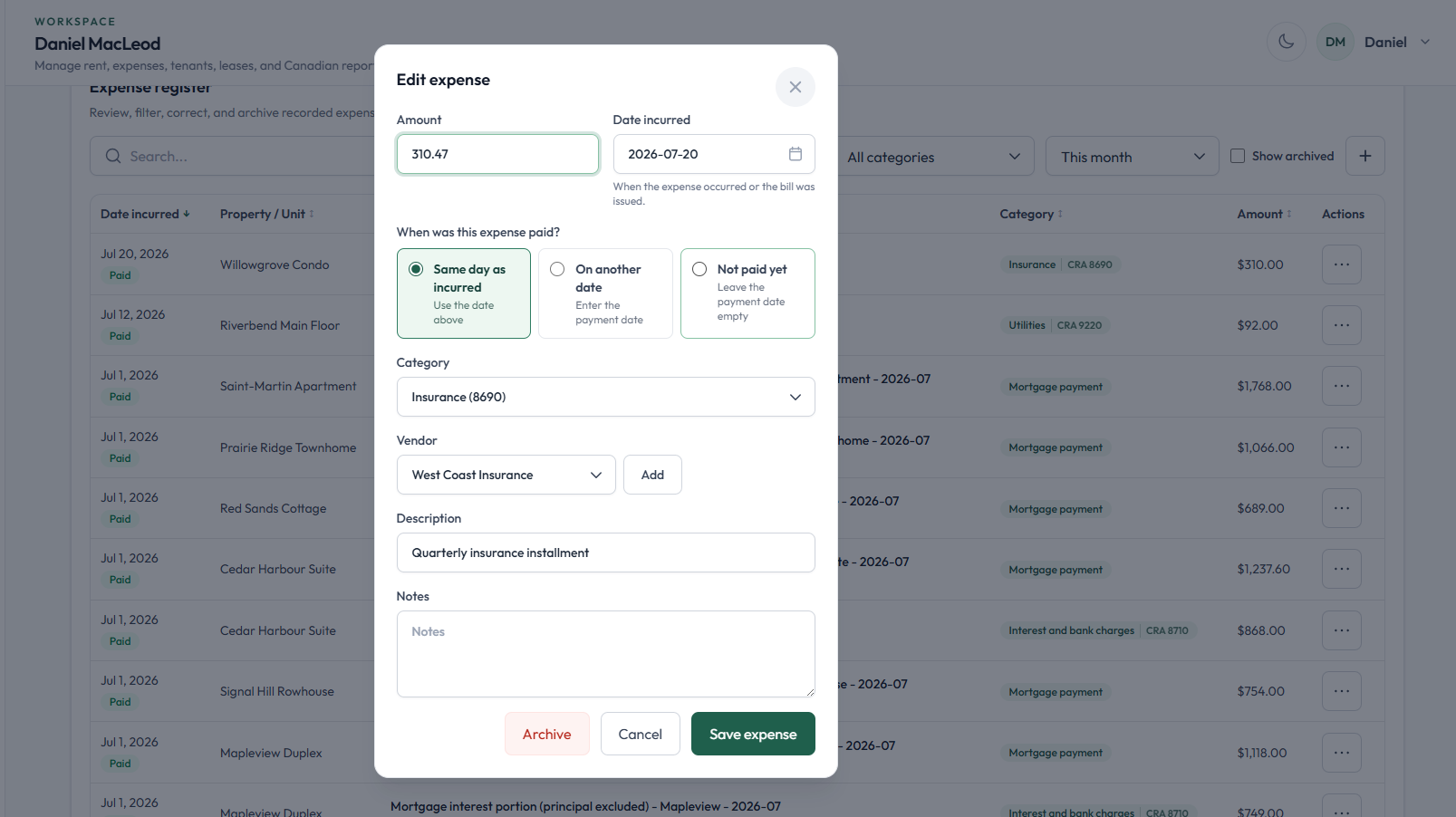 Safe LandlordRentals demo expense editor with property, category and vendor fields