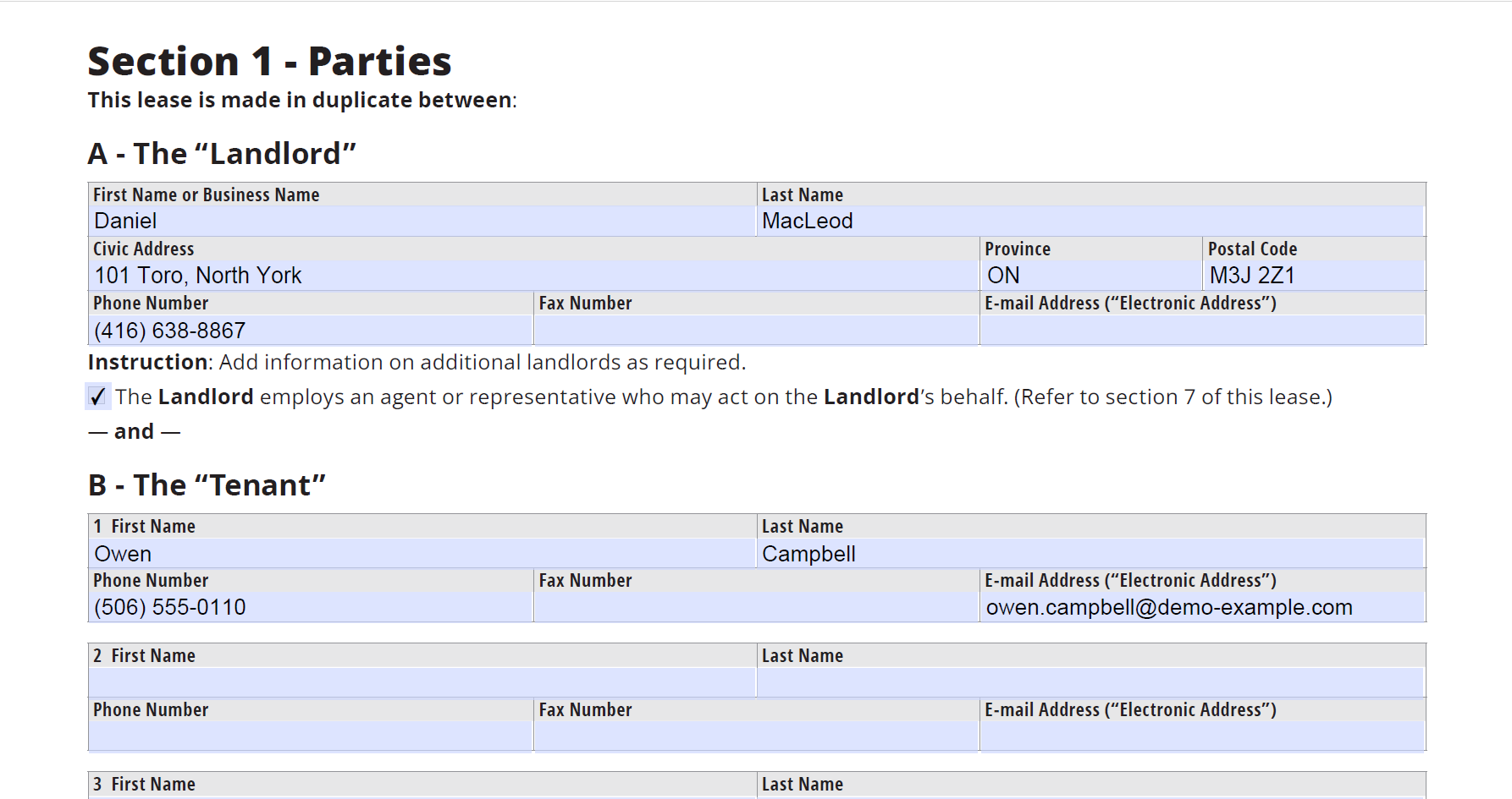 Safe LandlordRentals demo lease agreement workflow